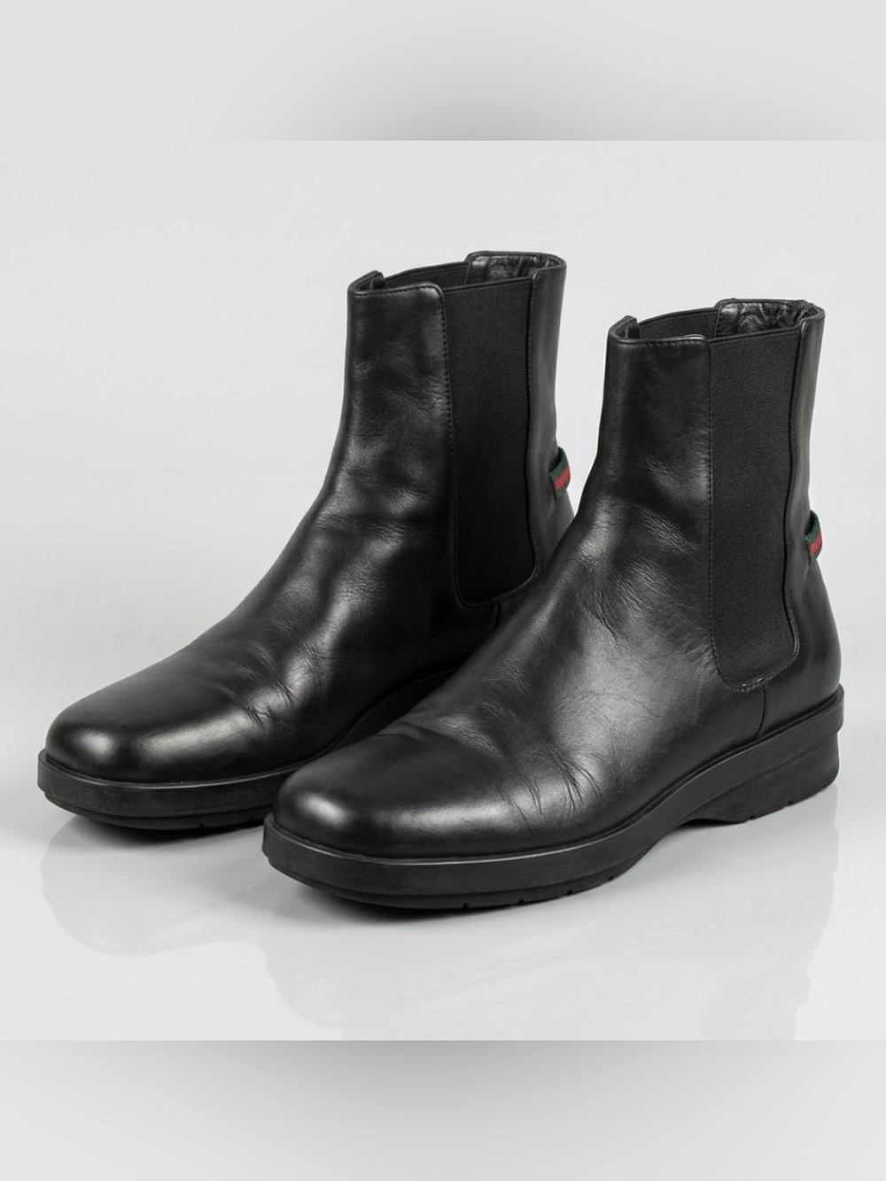 Vintage Gucci Black Leather Web Stripe Chelsea Boots 9.5 Womens Italy